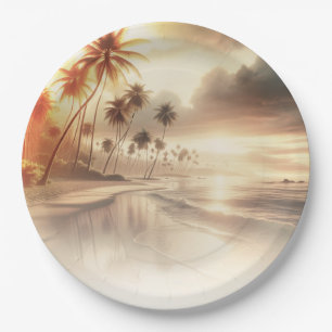 Assiettes En Carton Mariage de plage au coucher du soleil avec des pal