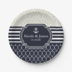 Assiettes En Carton Mariage de plage élégant Nautique, marine et blanc