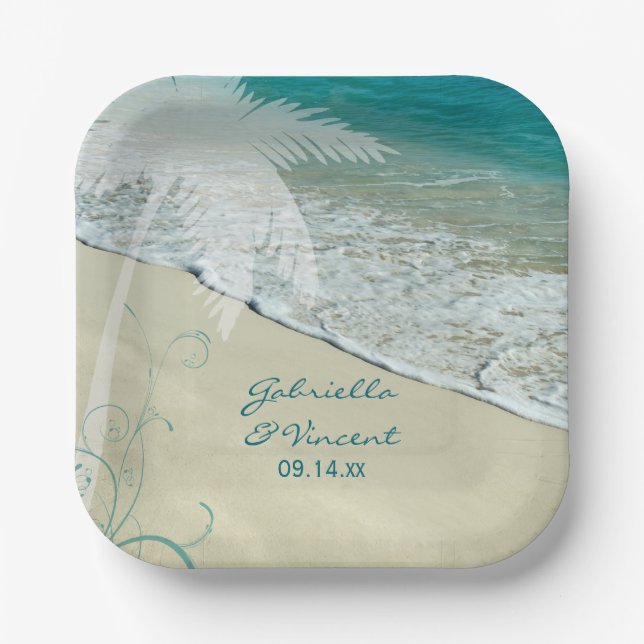 Assiettes En Carton Mariage de plage tropicale (Recto)