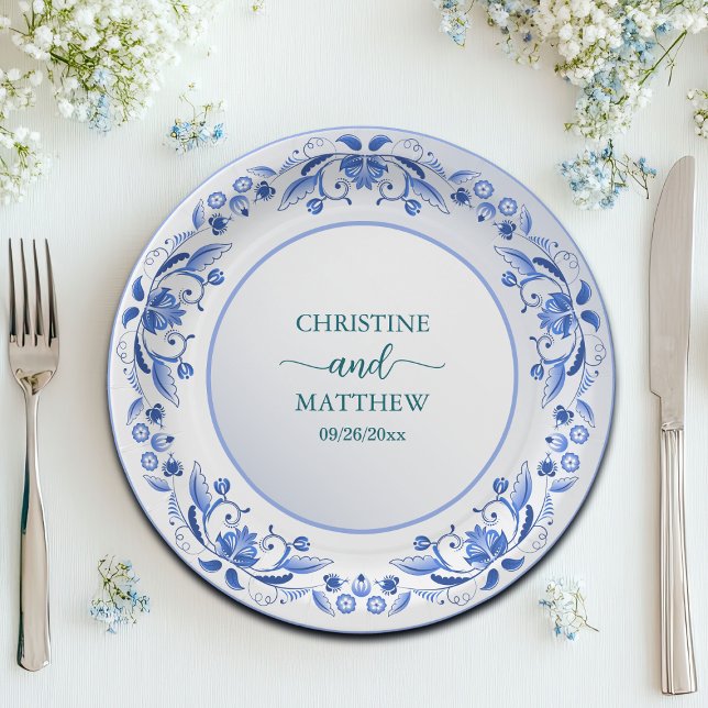 Assiettes En Carton Mariage de porcelaine bleu Floral (Créateur téléchargé)