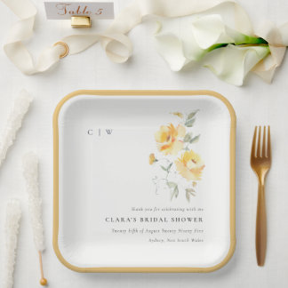Assiettes En Carton Mariage de Rose à aquarelle jaune vert