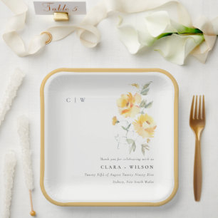 Assiettes En Carton Mariage   de Rose à aquarelle jaune vert