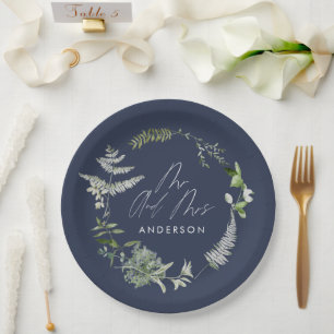 Assiettes En Carton Mariage de script botanique moderne bleu marine