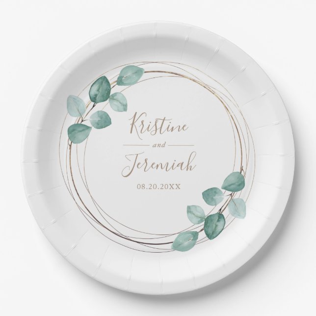Assiettes En Carton Mariage de script de café Eucalyptus moderne (Devant)