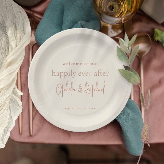 Assiettes En Carton Mariage de script de création de message d'accueil (9" round plate in cream with terracotta typography)