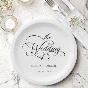 Assiettes En Carton Mariage de script élégant et élégant noir et blanc