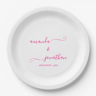 Assiettes En Carton Mariage de script élégant minimaliste blanc et ros