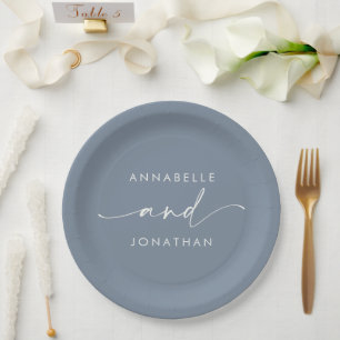 Assiettes En Carton Mariage de script moderne bleu poussiéreux minimal