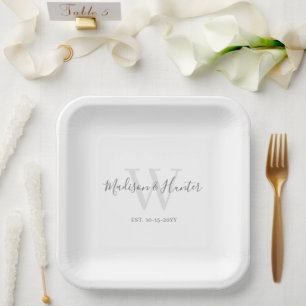 Assiettes En Carton Mariage de script moderne gris blanc