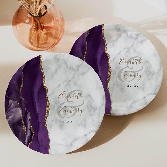 Assiettes En Carton Mariage de script or en marbre violet Agate (Créateur téléchargé)