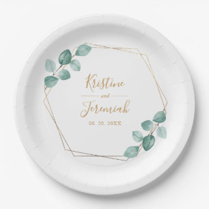 Assiettes En Carton Mariage de script or Eucalyptus moderne