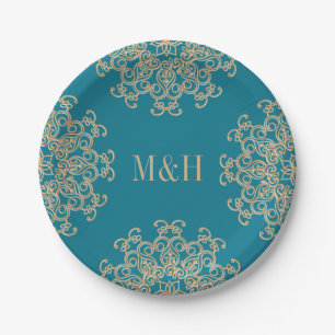 Assiettes En Carton Mariage de style indien Monogram Aquamarine et Gol