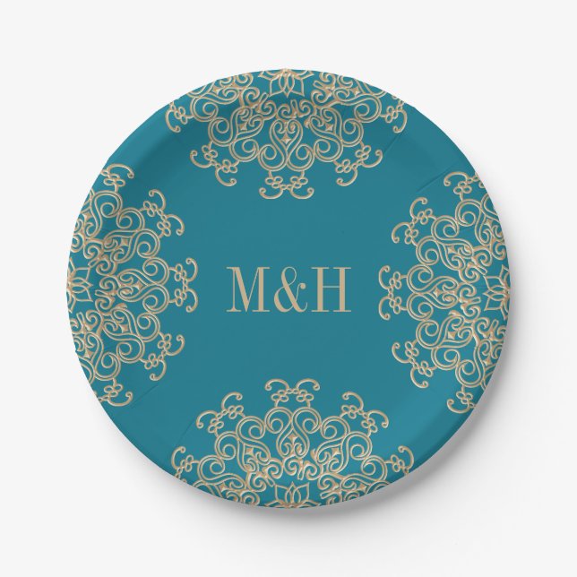 Assiettes En Carton Mariage de style indien Monogram Aquamarine et Gol (Devant)