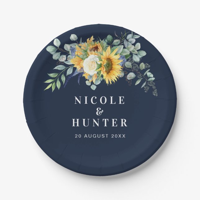 Assiettes En Carton Mariage de tournesol d'aquarelle (Devant)