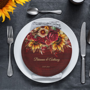 Assiettes En Carton Mariage de tournesol d'automne monogramme Bourgogn
