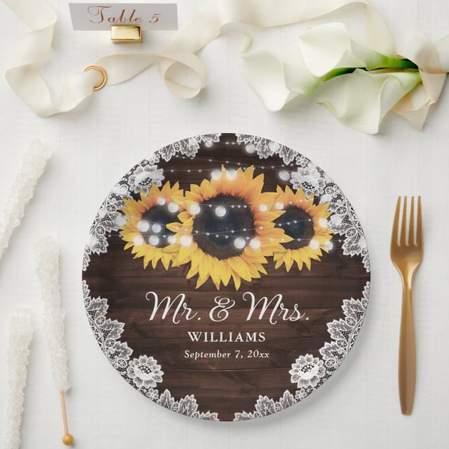 Assiettes En Carton Mariage de tournesol en dentelle rustique chic (Mariage)
