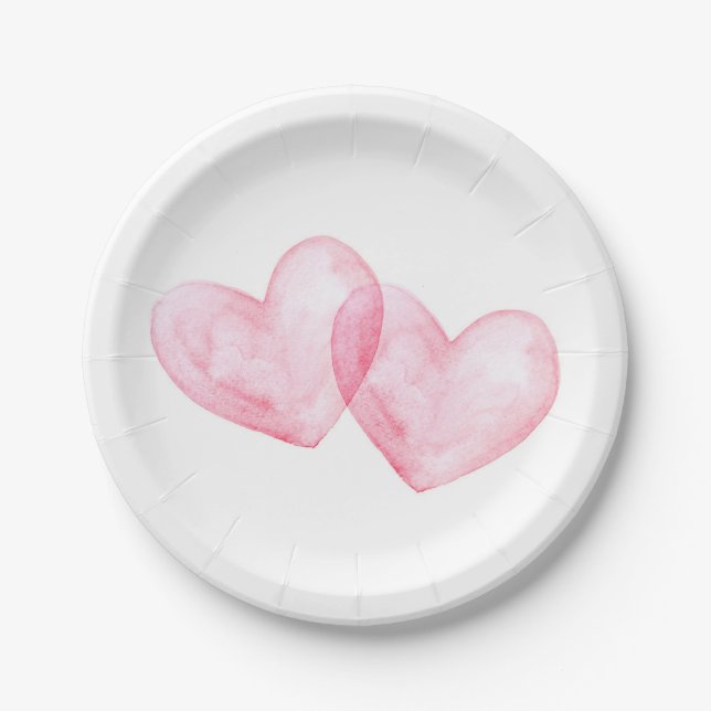 Assiettes En Carton Mariage des Coeurs d'aquarelle rose de l'amour (Devant)