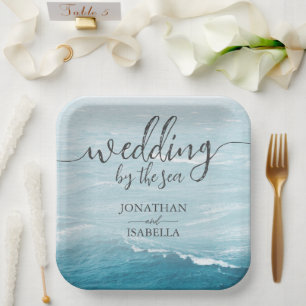 Assiettes En Carton Mariage d'été au bord de la mer bleue ondulée ombr
