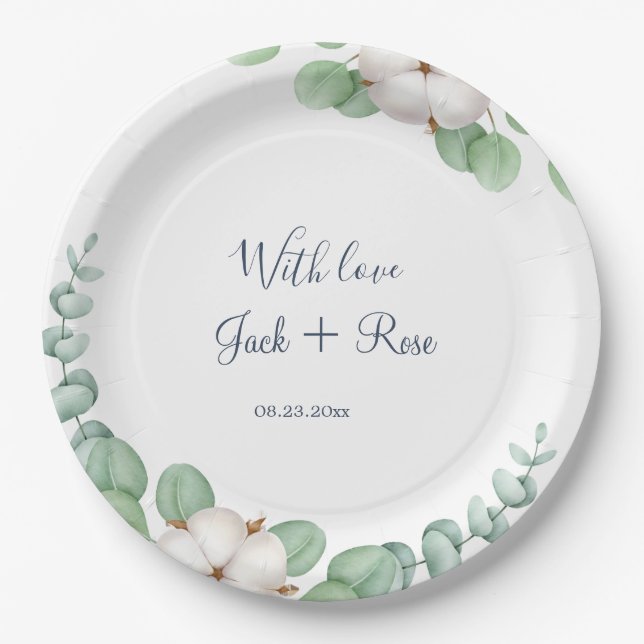 Assiettes En Carton Mariage d'été Eucalyptus de verdure rustique. (Devant)