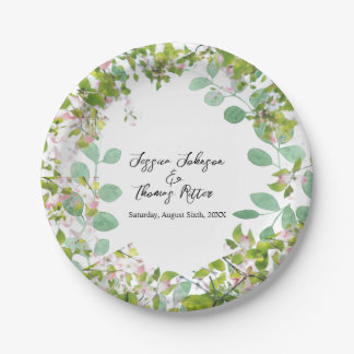 Assiettes En Carton Mariage d'été romantique personnalisé Eucalyptus