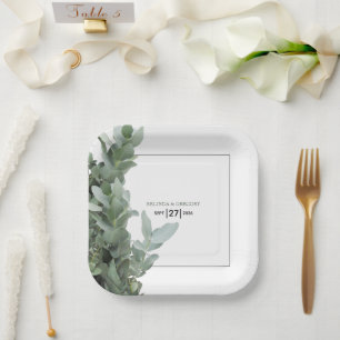 Assiettes En Carton Mariage d'eucalyptus en argent