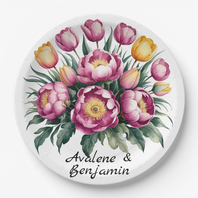 Assiettes En Carton Mariage d'harmonie florale dynamique (Devant)