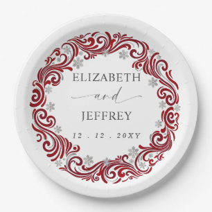Assiettes En Carton Mariage d'hiver aux flocons de neige rouge argent