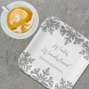 Assiettes En Carton Mariage d'hiver Flocon de Neige Argenté