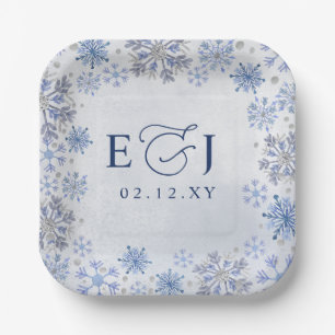 Assiettes En Carton Mariage d'hiver flocons de neige bleu argent Monog