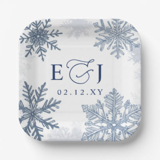 Assiettes En Carton Mariage d'hiver flocons de neige bleu argent Monog