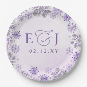 Assiettes En Carton Mariage d'hiver flocons de neige violet argent Mon