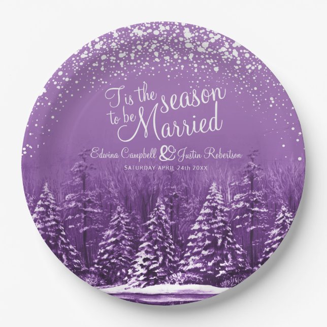 Assiettes En Carton Mariage d'hiver pins lac violet art (Devant)