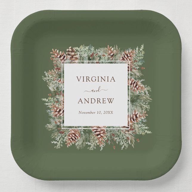 Assiettes En Carton Mariage d'hiver vert (Hunter Green Mountain Pinecone Evergreen Wedding Paper Plates by Painted Paperie
)