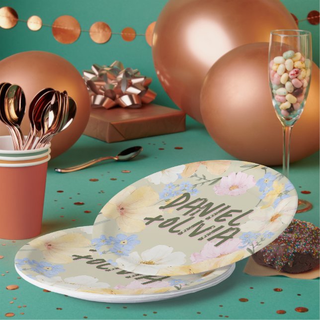 Assiettes En Carton Mariage d'illustration florale aquarelle (Multi)