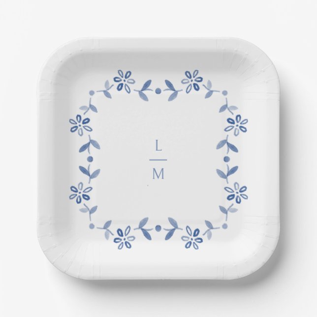 Assiettes En Carton Mariage d'initiés Floral Bleu et Blanc (Recto)