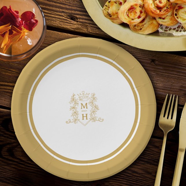 Assiettes En Carton Mariage d'or de la crête de coeur du monogramme (Créateur téléchargé)