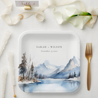 Assiettes En Carton Mariage du paysage de neige hivernale du lac Mount
