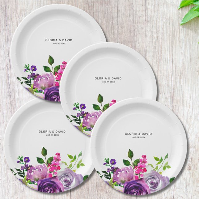 Assiettes En Carton Mariage élégant à la florale violette (Créateur téléchargé)