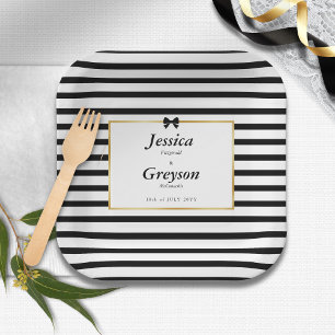 Assiettes En Carton Mariage élégant à rayures noires et blanches avec 