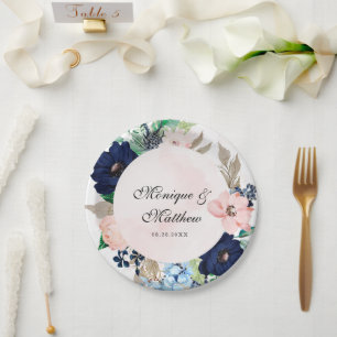 Assiettes En Carton Mariage Élégant avec des Florales en Navy et Rose