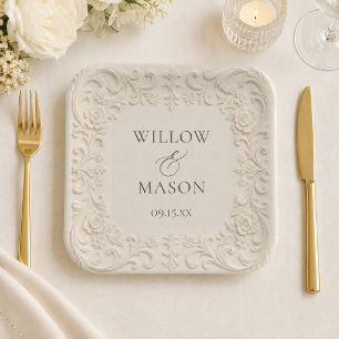 Assiettes En Carton Mariage Élégant Baroque Floral Ivoire Rinceaux
