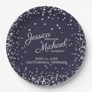 Assiettes En Carton Mariage élégant bleu marine argent diamant paillet