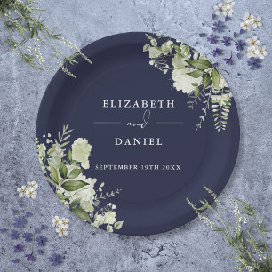 Assiettes En Carton Mariage élégant floral verdure bleu marine