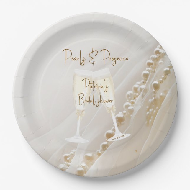 Assiettes En Carton Mariage élégant moderne Perles & Prosecco pour une (Devant)