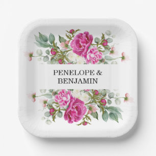 Assiettes En Carton Mariage Élégant Monogramme Floral Rose Pivoine