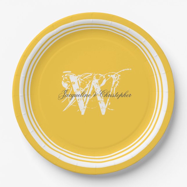 Assiettes En Carton Mariage Élégant Monogramme Jaune Et Blanc Sunny (Devant)