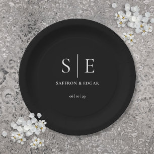 Assiettes En Carton Mariage Élégant Monogramme Noir Et Blanc
