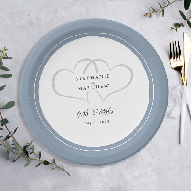 Assiettes En Carton Mariage élégant Mr & Mrs Dusty Blue Chic Hearts (Elegant Wedding Mr & Mrs Dusty Blue Chic Hearts Paper Plates)