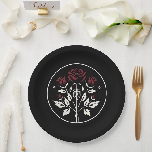 Assiettes En Carton Mariage élégant noir roses de squelette gothique  (Mariage)