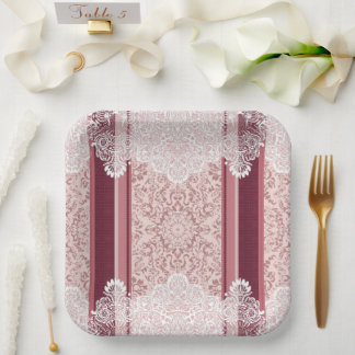 Assiettes En Carton Mariage Élégant Rose Poussiéreuse et Dentelle Blan